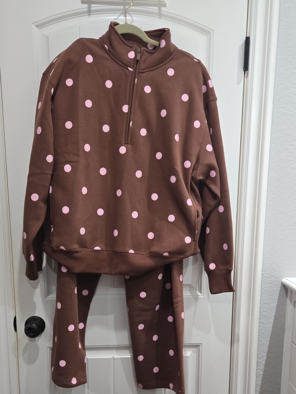 Peach Love California Brown & Pink Polka Dot Sweat Set - Half-Zip Top & Pants